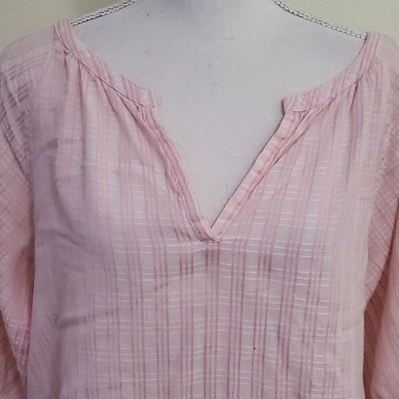Talbots Boho Beachy Pink Stripes Split Neck 3/4 Balloon Sleeves Flowy Top - Picture 2 of 9